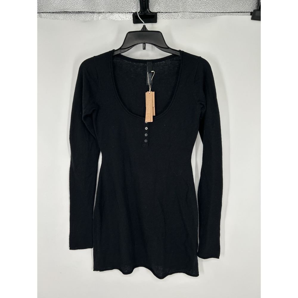 SKIMS Sheer Cashmere Henley Mini Dress Womens Size XS Onyx Black Scoop Neck Knit